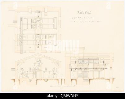 Michel Alfred (1843-1913), sistema tecnico: Impianto di lavaggio del carbone in fossa a Eschweiler (ca 1864-1868): taglio verticale, 2 tagli orizzontali, scala 1:48. Inchiostro e matita acquerello sulla scatola, 50,3 x 67,5 cm (compresi i bordi di scansione) Michel Alfred (1843-1913): Technische Anlage: Kohlenwaschanlage a Grube, Eschweiler Foto Stock