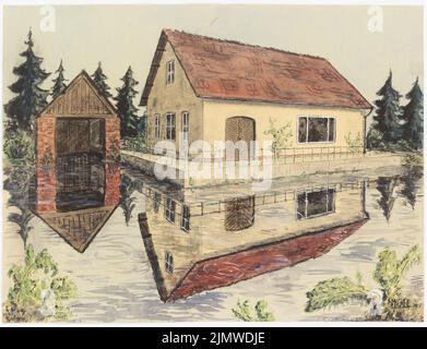 Michel Paul jun. (1922-1943), specchio d'acqua: Casa sull'acqua con capannone barca (1940): Vista prospettica, vedere Inv.No. 42460 e 42461. Acquerello al carbone, bianco con titolo su carta, 46,9 x 61,1 cm (compresi i bordi di scansione) Michel Paul jun. (1922-1943): Wasserspiegelung: Haus am Wasser mit Bootsschuppen Foto Stock