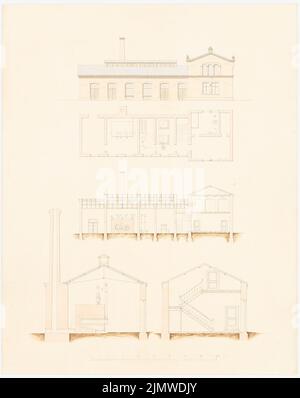 Michel Alfred (1843-1913), sistema tecnico: Fabbrica con caldaia (?) (Circa 1864-1868): Vista laterale RISS con camino posteriore e facciate con soffitta, pianta del pavimento, taglio longitudinale con diverse installazioni come la caldaia. In inchiostro e matita acquerello sulla scatola, 63 x 50,1 cm (compresi i bordi di scansione) Michel Alfred (1843-1913): Technische Anlage: Fabrik mit Kesselhaus (?) Foto Stock