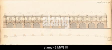 Architetto sconosciuto, Staorsbahn stazione Stadtbahn a Berlino. Concorso mensile Ottobre 1878 (10,1878): Facciata piano pavimento, vista laterale verticale; barra di scala. Acquerello Tusche sulla scatola, 23,6 x 58,7 cm (compresi i bordi di scansione) N. : Bahnhof Börse der Stadtbahn, Berlino. Monatskonkurrenz Oktober 1878 Foto Stock