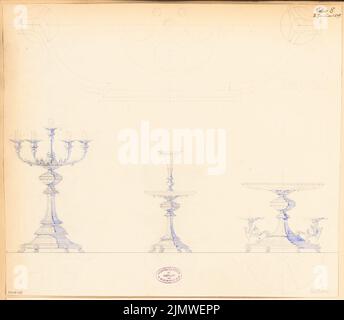 Architetto sconosciuto, allegato tabella. Concorso mensile nel gennaio 1879 (01,1879): Vista (e pianta di mezzo piano in Sizze) porta candela, ciotola di frutta, porta bouquet; pianta di pavimento (sizzze) del saggio di mezzo. Matita acquerello su carta, 43,9 x 50,4 cm (compresi i bordi di scansione) N. : Tafelaufsatz. Monatskonkurrenz Januar 1879 Foto Stock