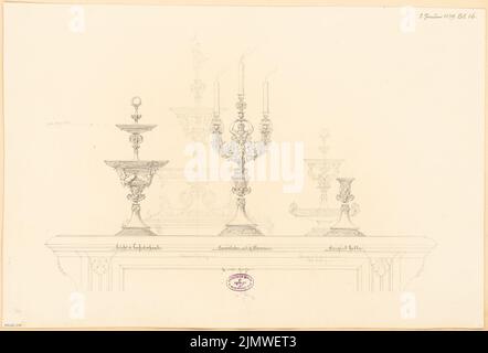 Architetto sconosciuto, allegato tabella. Concorso mensile Gennaio 1879 (01,1879): Portacandele, cesto di frutta in 2 varianti, bouquet 1: 3. Matita su cartone, 45,8 x 67,4 cm (compresi i bordi di scansione) N. : Tafelaufsatz. Monatskonkurrenz Januar 1879 Foto Stock