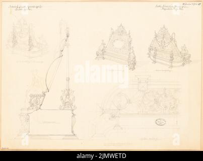 architetto sconosciuto, targa. Concorso mensile Gennaio 1879 (01,1879): Vista prospettica anteriore (2 varianti), vista posteriore; pianta del pavimento (metà), sezione trasversale. Acquerello a matita sulla scatola, 50,7 x 68,2 cm (compresi i bordi di scansione) N. : Gedenktafel. Monatskonkurrenz Januar 1879 Foto Stock