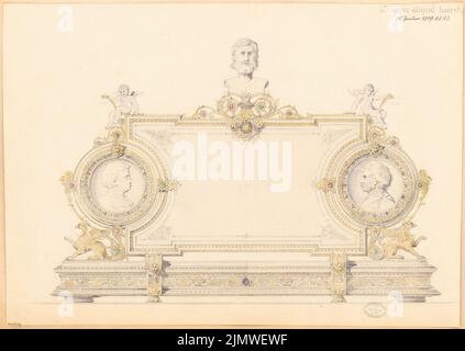 architetto sconosciuto, targa. Concorso mensile Gennaio 1879 (01,1879): Vista frontale. Acquerello a matita sulla scatola, 50,7 x 71,6 cm (compresi i bordi di scansione) N. : Gedenktafel. Monatskonkurrenz Januar 1879 Foto Stock