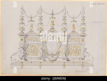 architetto sconosciuto, targa. Concorso mensile Gennaio 1879 (01,1879): Vista frontale. Matita acquerello su carta, 46,7 x 65,5 cm (compresi i bordi di scansione) N. : Gedenktafel. Monatskonkurrenz Januar 1879 Foto Stock