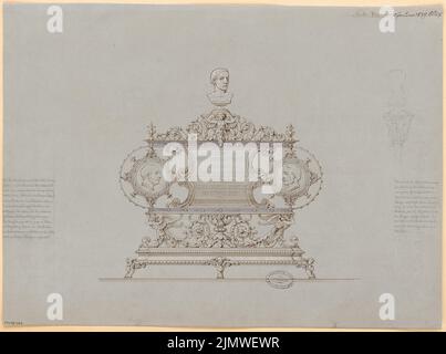 architetto sconosciuto, targa. Concorso mensile Gennaio 1879 (01,1879): Vista frontale, dettaglio; testo esplicativo. Acquerello Tusche sulla scatola, 43,5 x 58,5 cm (compresi i bordi di scansione) N. : Gedenktafel. Monatskonkurrenz Januar 1879 Foto Stock