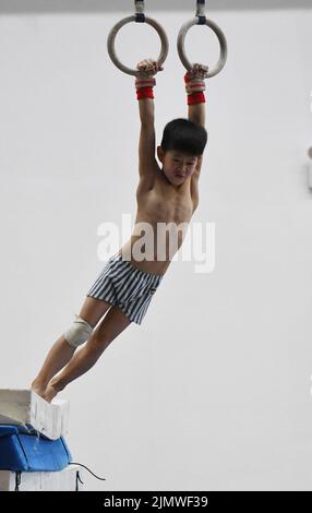 FUYANG, CINA - 7 AGOSTO 2022 - Un bambino pratica la ginnastica si muove alla palestra del Fuyang Vocational and Technical College nell'Anhui della Cina orientale Foto Stock