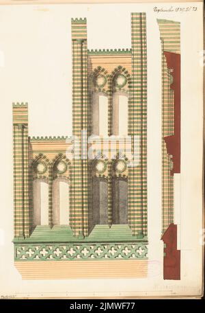 Architetto sconosciuto, canonica. Concorso mensile Settembre 1879 (09,1879): Vista superiore Gable, taglio verticale giebel; Scala bar. Acquerello Tusche sulla scatola, 45,3 x 31,2 cm (compresi i bordi di scansione) N. : Pfarrhaus. Monatskonkurrenz Settembre 1879 Foto Stock