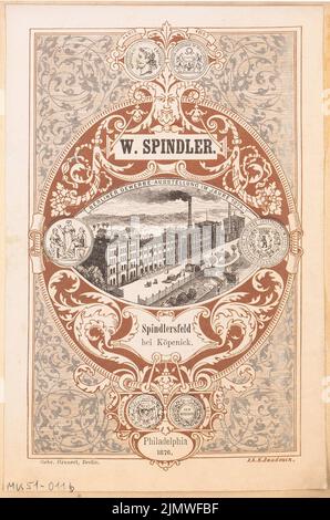 Architetto sconosciuto, titolo vignetta per Spindler a Berlino-Köpenick. Concorso mensile Marzo 1880 (03,1880): Visualizzazione dei resi. Stampa a colori su carta, 16,7 x 11 cm (inclusi i bordi di scansione) N. : Titelvignette für die fa. Spindler, Berlino-Köpenick. Monatskonkurrenz März 1880 Foto Stock