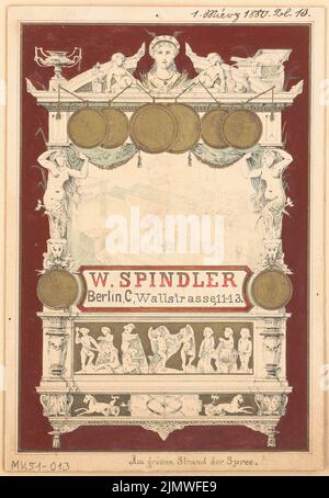 Architetto sconosciuto, titolo vignetta per Spindler a Berlino-Köpenick. Concorso mensile Marzo 1880 (03,1880): Visualizza. Acquerello Tusche su carta, 15,3 x 10,6 cm (compresi i bordi di scansione) N. : Titelvignette für die fa. Spindler, Berlino-Köpenick. Monatskonkurrenz März 1880 Foto Stock