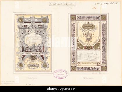 Architetto sconosciuto, titolo vignetta per Spindler a Berlino-Köpenick. Concorso mensile Marzo 1880 (03,1880): Vista frontale, vista posteriore. Inchiostro e matita acquerello sulla scatola, 22,8 x 32 cm (compresi i bordi di scansione) N. : Titelvignette für die fa. Spindler, Berlino-Köpenick. Monatskonkurrenz März 1880 Foto Stock