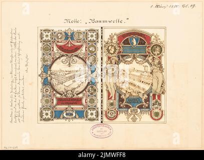 Architetto sconosciuto, titolo vignetta per Spindler a Berlino-Köpenick. Concorso mensile Marzo 1880 (03,1880): Vista frontale, vista posteriore. Acquerello Tusche sulla scatola, 24,9 x 33,8 cm (compresi i bordi di scansione) N. : Titelvignette für die fa. Spindler, Berlino-Köpenick. Monatskonkurrenz März 1880 Foto Stock