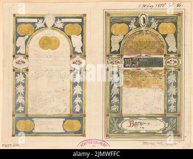 Architetto sconosciuto, titolo vignetta per Spindler a Berlino-Köpenick. Concorso mensile Marzo 1880 (03,1880): Vista frontale, vista posteriore. Acquerello a matita sulla scatola, 16,4 x 21,3 cm (compresi i bordi di scansione) N. : Titelvignette für die fa. Spindler, Berlino-Köpenick. Monatskonkurrenz März 1880 Foto Stock