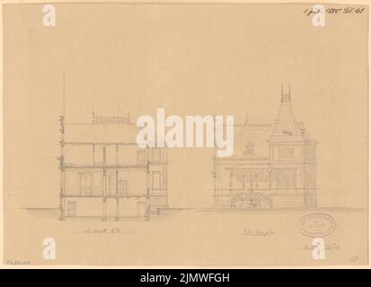 Architetto sconosciuto, edificio residenziale a Eberswalde. Concorso mensile Luglio 1880 (07,1880): Sezione trasversale, vista giardino verticale (lato est). Matita sulla scatola, 26,6 x 36,6 cm (compresi i bordi di scansione) N. : Wohnhaus, Eberswalde. Monatskonkurrenz Juli 1880 Foto Stock