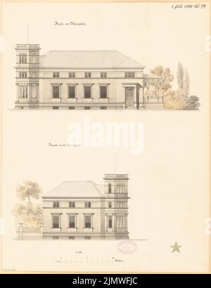 Architetto sconosciuto, edificio residenziale a Eberswalde. Concorso mensile nel luglio 1880 (07,1880): RISS Road View (Alsenplatz, Sandgasse); Scala bar. Acquerello Tusche sulla scatola, 53,2 x 41 cm (compresi i bordi di scansione) N. : Wohnhaus, Eberswalde. Monatskonkurrenz Juli 1880 Foto Stock