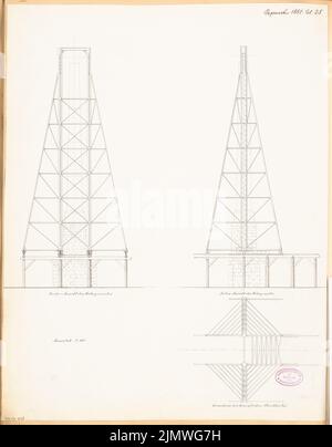 Sconosciuto architetto, sollevamento e caricamento ponteggi per costruire un obelisco su Potsdamer Platz a Berlino. Concorso mensile nel mese di agosto 1881 (08,1881): Pianta del pavimento, vista anteriore di ascendenza, vista laterale 1: 100. Inchiostro su cartone, 58,5 x 45,7 cm (inclusi i bordi di scansione) N. : Hebe- und Verladegerüst zur Errichtung eines Obelisken auf dem Potsdamer Platz, Berlino. Monatskonkurrenz 1881 agosto Foto Stock