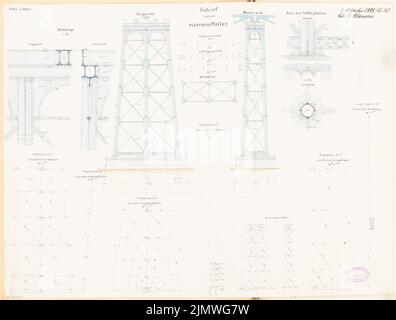 Clausen Peter (nato nel 1851), colonne di ferro per un ponte ferroviario. Concorso mensile Ottobre 1881 (10,1881): Pianta del pavimento, vista frontale antistante, vista laterale, dettaglio, disegni di disegno; 3 strisce di scala. Acquerello Tusche sulla scatola, 49,1 x 64,8 cm (compresi i bordi di scansione) Clausen Peter (geb. 1851): Pfeiler aus Eisen für eine Eisenbahnbrücke. Monatskonkurrenz Oktober 1881 Foto Stock