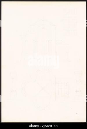 Michel Paul jun. (1922-1943), Chiesa di stile romanico con portale coperto (1941): Taglio, pianta, posizione del fascio, colonne di intersezione parziale di ordine dorico. Matita su cartone, 74,4 x 52,4 cm (compresi i bordi di scansione) Michel Paul jun. (1922-1943): Kirche romanischen Stils mit überdachtem Portal Foto Stock