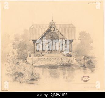 Architetto sconosciuto, padiglione rurale. Concorso mensile nel luglio 1883 (07,1883): Vista superiore dal lato del lago; Scala bar. Acquerello Tusche sulla scatola, 39,3 x 45,1 cm (compresi i bordi di scansione) N. : Ländlicher Pavillon. Monatskonkurrenz Juli 1883 Foto Stock