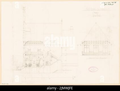 Vollmer Johannes (1845-1920), municipio Nauen. Concorso mensile nel mese di agosto 1885 (08,1885): Taglio longitudinale attraverso lo stelo, sezione longitudinale attraverso la sala riunioni; Scala bar. Matita su cartone, 34,5 x 48,7 cm (compresi i bordi di scansione) Vollmer Johannes (1845-1920): Rathaus, Nauen. Monatskonkurrenz 1885 agosto Foto Stock