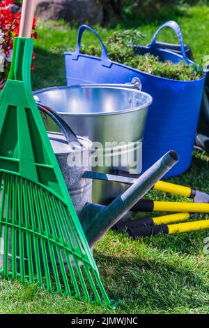 Attrezzi di giardinaggio sull'erba nel giardino. Foto Stock