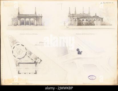 Architetto sconosciuto, miglioramento della strada isola a sud del ponte Potsdam a Berlino. Concorso mensile Gennaio 1891 (01,1891): Pianta del sito 1: 500, pianta del piano, verticale 2 viste della strada 1: 100; 2 strisce di scala. Acquerello a matita sulla scatola, 42,7 x 58,8 cm (compresi i bordi di scansione) N. : Verbesserung der Straßeninsel südlich der Potsdamer Brücke, Berlino. Monatskonkurrenz Januar 1891 Foto Stock