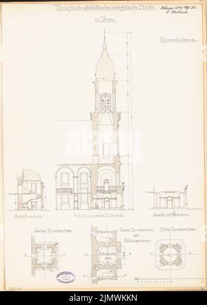 Kullrich Friedrich (1859-1934), torre della Chiesa evangelica di Thorn. Concorso mensile Febbraio 1892 (02,1892): Piano piano torre piano piano piano piano piano piano superiore nella variante 3rd, 2 altro piano torre piano terra; Torre sezione trasversale con variante, sezione trasversale di una stanza adiacente; Scala. Acquerello Tusche sulla scatola, 59,7 x 42,5 cm (compresi i bordi di scansione) Kullrich Friedrich (1859-1934): Turm der evangelischen Kirche, Thorn. Monatskonkurrenz Febbraio 1892 Foto Stock