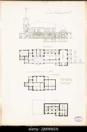 Sconosciuto architetto, stazione ferroviaria in montagna. Concorso mensile Febbraio 1893 (02,1893): Piano cantina, piano terra, piano superiore, sezione longitudinale; Scala bar. Inchiostro su cartone, 59,9 x 41,3 cm (inclusi i bordi di scansione) N. : Bahnhof im Gebirge. Monatskonkurrenz Febbraio 1893 Foto Stock