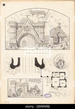 Architetto sconosciuto, ingresso tunnel. Concorso mensile Febbraio 1896 (02,1896): Piano terra piano, vista frontale turmoil, vista laterale verticale della casa di guardia; Scala bar. Inchiostro su cartone, 56,4 x 40,8 cm (inclusi i bordi di scansione) N. : Tunneleinfahrt. Monatskonkurrenz Febbraio 1896 Foto Stock