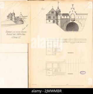 Architetto sconosciuto, ingresso tunnel. Concorso mensile Febbraio 1896 (02,1896): Variante B: Piano terra e piano superiore della casa custode, vista esterna 1: 100; vista prospettica; barra della bilancia. Inchiostro su cartone, 58,9 x 62,1 cm (inclusi i bordi di scansione) N. : Tunneleinfahrt. Monatskonkurrenz Febbraio 1896 Foto Stock