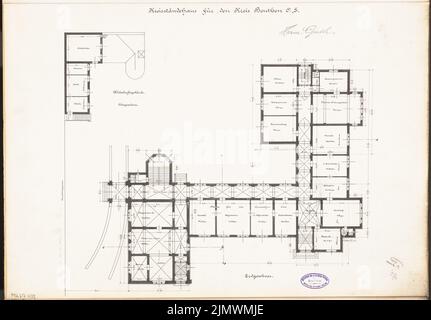 Guth Hermann (1851-1924), ufficio distrettuale di Beuthen. Concorso mensile Dicembre 1896 (12,1896): Pianta piano terra; Scala bar. Inchiostro su cartone, 42 x 60,3 cm (compresi i bordi di scansione) Guth Hermann (1851-1924): Landratsamt (Kreishaus), Beuthen. Monatskonkurrenz Dezember 1896 Foto Stock
