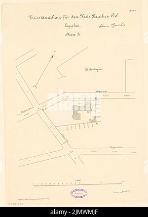 Guth Hermann (1851-1924), ufficio distrettuale di Beuthen. Concorso mensile Dicembre 1896 (12,1896): Dipartimento 1: 1000; Scala bar. Inchiostro su stampa leggera, 49 x 35,1 cm (compresi i bordi di scansione) Guth Hermann (1851-1924): Landratsamt (Kreishaus), Beuthen. Monatskonkurrenz Dezember 1896 Foto Stock