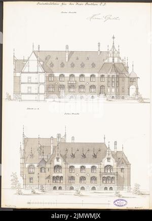 Guth Hermann (1851-1924), ufficio distrettuale di Beuthen. Concorso mensile Dicembre 1896 (12,1896): Vista laterale RISS, sezione trasversale con vista del tribunale; barra di scala. Acquerello Tusche sulla scatola, 60,2 x 43,5 cm (compresi i bordi di scansione) Guth Hermann (1851-1924): Landratsamt (Kreishaus), Beuthen. Monatskonkurrenz Dezember 1896 Foto Stock