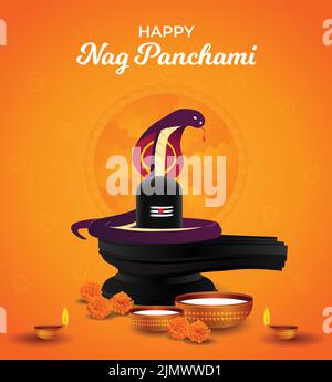 Happy Nag Panchami biglietto di auguri con re cobra serpente, latte, brividi. Hindu adorazione Festival India. Illustrazione vettoriale poster dal design realistico. Illustrazione Vettoriale