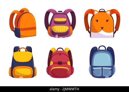 Collezione di borse scolastiche in stile vettoriale disegnato a mano piatto. Set di diversi zaini per bambini per la scuola. Torna a scuola elementi autunnali Illustrazione Vettoriale