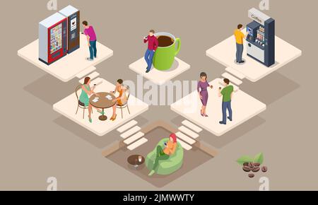 Concetto isometrico del tempo del caffè. Le macchine per il caffè self-service offrono caffè di qualità costante. Illustrazione Vettoriale