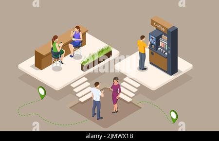 Concetto isometrico del tempo del caffè. Le macchine per il caffè self-service offrono caffè di qualità costante. Illustrazione Vettoriale