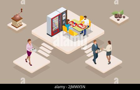 Concetto isometrico del tempo del caffè. Le macchine per il caffè self-service offrono caffè di qualità costante. Illustrazione Vettoriale