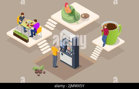 Concetto isometrico del tempo del caffè. Le macchine per il caffè self-service offrono caffè di qualità costante. Illustrazione Vettoriale