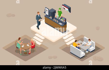 Concetto isometrico del tempo del caffè. Le macchine per il caffè self-service offrono caffè di qualità costante. Illustrazione Vettoriale
