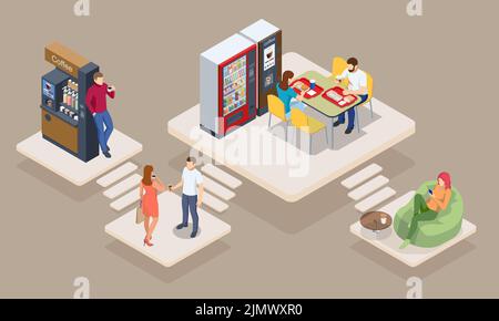Concetto isometrico del tempo del caffè. Le macchine per il caffè self-service offrono caffè di qualità costante. Illustrazione Vettoriale
