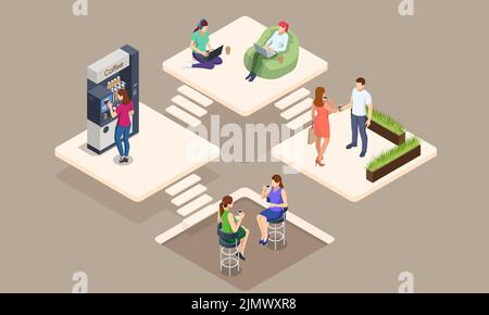 Concetto isometrico del tempo del caffè. Le macchine per il caffè self-service offrono caffè di qualità costante. Illustrazione Vettoriale