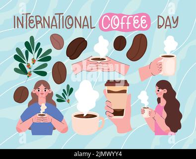 set di prodotti per la giornata internazionale del caffè Illustrazione Vettoriale