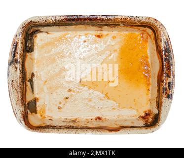 Vassoio da forno con grasso bruciato e olio isolato su sfondo bianco, vista piatta Foto Stock