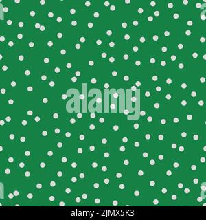 Motivo senza cuciture a punti Polka. Astratto casuale volare confetti colorati. Stampa trendy in colori verde e bianco per tessuto, tessuto, carta da imballaggio regalo, Illustrazione Vettoriale