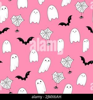 Motivo senza cuciture vettoriale con fantasmi e pipistrelli su sfondo rosa per Halloween. Illustrazione Vettoriale