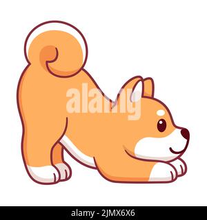 Carino cane cartoon che fa yoga. Kawaii Shiba Inu in posizione di cane rivolta verso il basso (Adho Mukha Shvanasana). Divertente illustrazione di clip vettoriale. Illustrazione Vettoriale