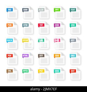 Formati file di sistema comuni. Tipi di documento ed estensioni. Collezione icone stile piatto. Pittogramma del documento, elemento dell'interfaccia utente del disegno Web, modello. Computer Illustrazione Vettoriale
