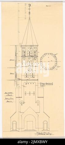 Klomp Johannes Franziskus (1865-1946), cuore della Chiesa di Gesù (con le vicarie), Heeren-Werve (07.12.1910): Vista della torre, pianta e taglio del campanile (cambio) 1:50. Inchiostro, matita su trasparente, 95,5 x 45 cm (compresi i bordi di scansione) Klomp Johannes Franziskus (1865-1946): Herz-Jesu-Kirche (mit Vikarie), Heeren-Werve Foto Stock