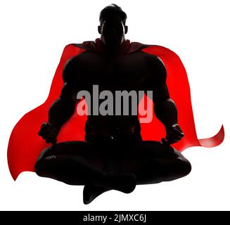 Supereroe meditando su White Silhouette 3D Render Foto Stock